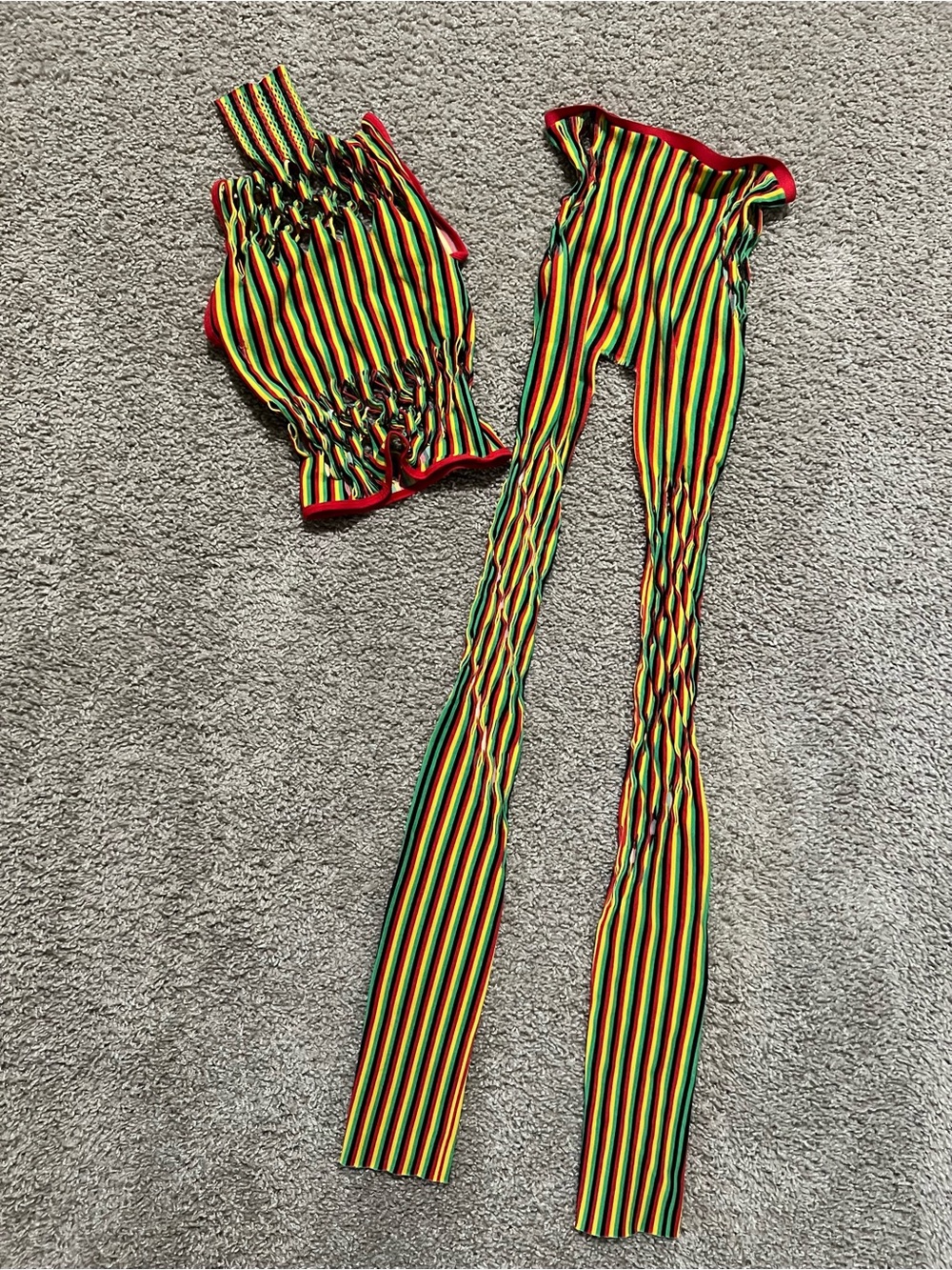 Fashion Nova Multicolor Striped Mesh Cutout Two-Piece Set - Red, Green, Yellow - Picture 2 of 3